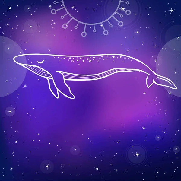 Силует кита, що плаває в космосі. Фон - зоряне небо. Векторні ілюстрації. Друк, плакат, футболка, картка . — стоковий вектор