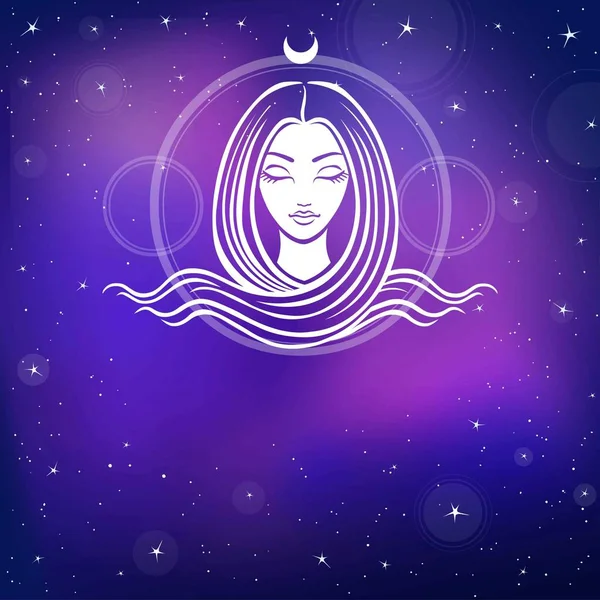 Uzun saçlı genç güzel kız stilize portresi. Bir kadınsı, tanrıça, deniz kızı ezoterik sembolü. Arka plan - gece yıldızlı gökyüzü. Vektör çizim. Metni için bir yer.