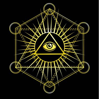 Providence gözü. Tüm görme göz üçgen piramit içinde. Ezoterik sembol, kutsal geometri. Altın taklidi. Vektör illüstrasyon izole bir siyah arka plan üzerine.