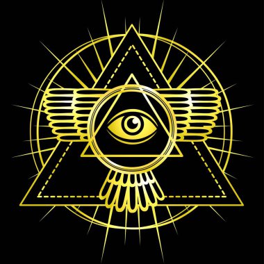 Providence gözü. Tüm görme göz üçgen piramit içinde. Ezoterik sembol, kutsal geometri. Altın taklidi. Vektör illüstrasyon izole bir siyah arka plan üzerine.