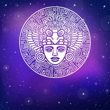 Süsleyici resim Antik Hint Tanrı. Sihirli daire. Sanat Kızılderili motifleri. Etnik tasarım, boho chic, aşiret sembolü. Vektör çizim, arka plan - gece yıldızlı gökyüzü.