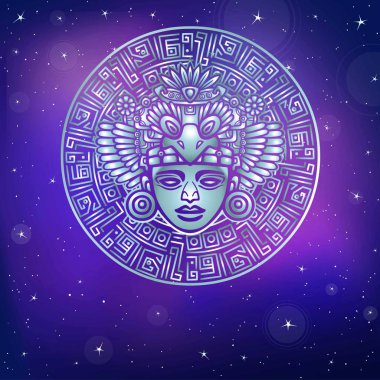 Süsleyici resim eski Tanrı. Sihirli daire. Sanat Kızılderili motifleri. Etnik tasarım, boho chic, aşiret sembolü. Gümüş taklidi. Vektör çizim, arka plan - gece yıldızlı gökyüzü.