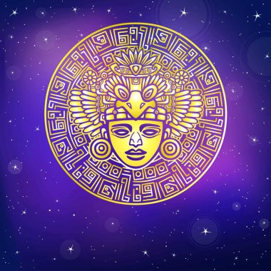 Süsleyici resim eski Tanrı. Sihirli daire. Sanat Kızılderili motifleri. Etnik tasarım, boho chic, aşiret sembolü. Altın taklidi. Vektör çizim, arka plan - gece yıldızlı gökyüzü.