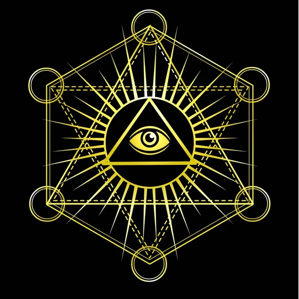 Occhio della Provvidenza. Tutti vedono occhio all'interno della piramide del triangolo. Simbolo esoterico, geometria sacra. Imitazione dell'oro. Illustrazione vettoriale isolata su sfondo nero . — Vettoriale Stock