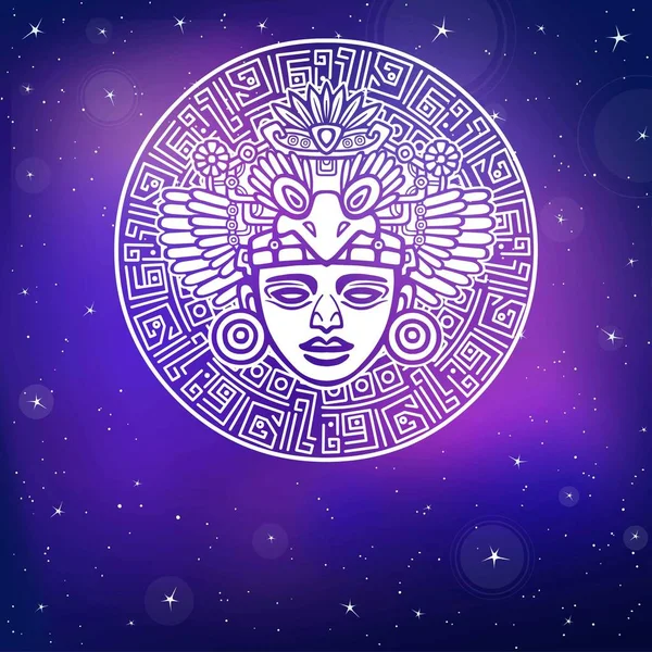 Imagen decorativa de la antigua deidad india. Un círculo mágico. Motivos del arte Indio nativo americano. Diseño étnico, boho chic, símbolo tribal. Ilustración vectorial, fondo - el cielo estrellado nocturno . — Vector de stock