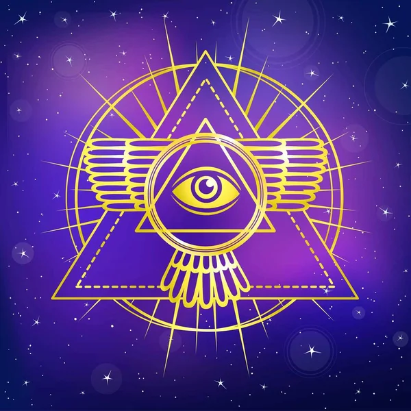 Eye of Providence. Všechny vidět oko uvnitř trojúhelník pyramidy. Esoterický symbol posvátné geometrie. Zlatá imitace. Pozadí - noční hvězdné oblohy. Vektorové ilustrace. — Stockový vektor