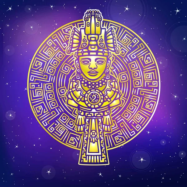 Imagen decorativa de la antigua deidad. Círculo mágico.Motivos del arte Indio nativo americano. Diseño étnico, boho chic, símbolo tribal. Imitación de oro. Ilustración vectorial, fondo - el cielo estrellado nocturno . — Vector de stock