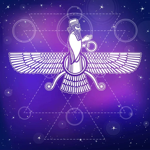Ancienne divinité assyrienne ailée. Caractère de la mythologie sumérienne. Symbole ésotérique, géométrie sacrée. Un fond - le ciel étoilé nocturne. Illustration vectorielle . — Image vectorielle