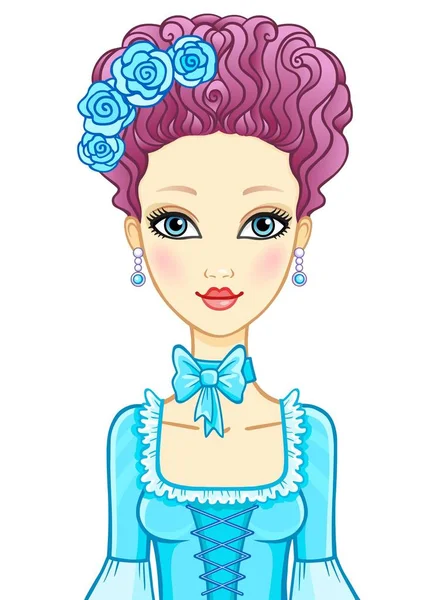 Retrato de animação da menina em estilo de rococó. Marie Antoinette. Princesa, dama de honor, fada. Ilustração vetorial isolada sobre fundo branco . — Vetor de Stock