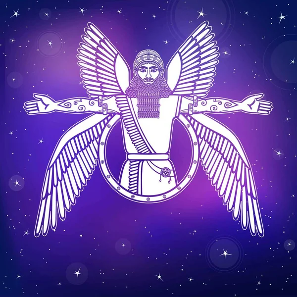 Antigua deidad asiria alada. Carácter de la mitología sumeria. Símbolo esotérico. El fondo - el cielo nocturno estelar. Ilustración vectorial . — Vector de stock