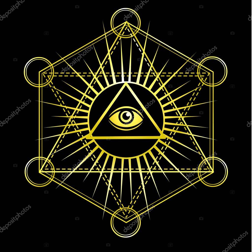 Eye of Providence. All seeing eye inside triangle pyramid. Esoteric symbol, sacred geometry. Gold imitation. Vector illustration isolated on a black background.
