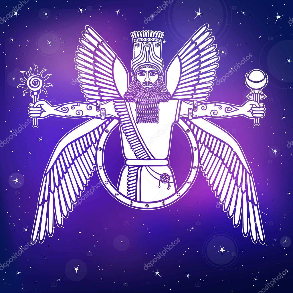 Ancient Assyrian winged deity. Character of Sumerian mythology. Esoteric symbol. A background - the night star sky. Vector illustration.
