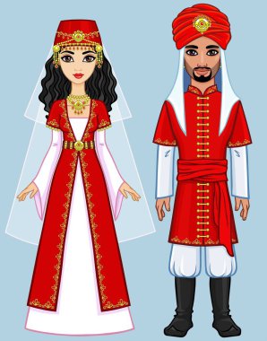 Animasyon Arap aile eski giysiler içinde. Tam büyüme. Vektör illüstrasyon izole mavi bir arka plan üzerinde.