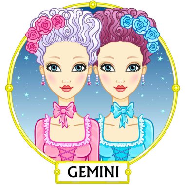 İkizler burcu. Fantastik Prenses, animasyon portre. Arka plan - bir çerçeve, gece yıldızlı gökyüzü. Vektör çizim üzerinde beyaz izole.