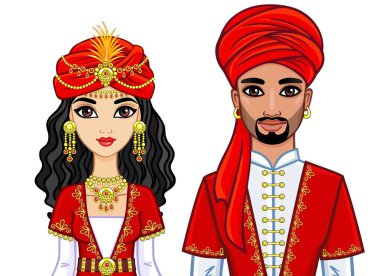  Bir animasyon eski giysiler içinde Arap aile portresi. Beyaz bir arka plan üzerinde izole vektör çizim.