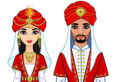  Bir animasyon eski giysiler içinde Arap aile portresi. Beyaz bir arka plan üzerinde izole vektör çizim.