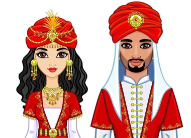  Bir animasyon eski giysiler içinde Arap aile portresi. Beyaz bir arka plan üzerinde izole vektör çizim.