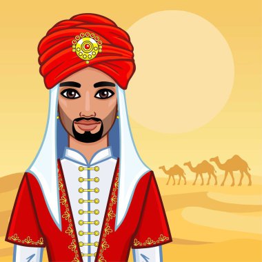 Arap adam eski giysiler içinde animasyon portresi. Arka plan - bir çöl peyzaj, deve kervanı. Vektör çizim.