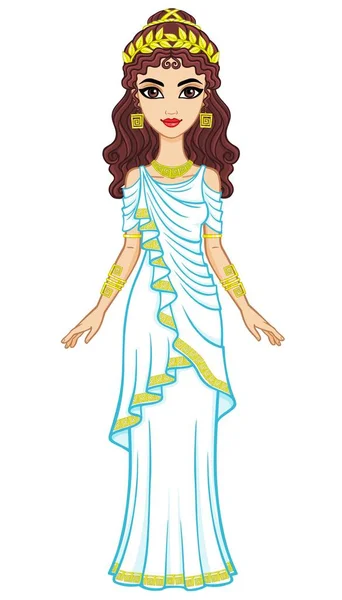 Porträtt av animation kvinnan i antika grekiska klänning. Full tillväxt. Vektorillustration isolerade på en vit bakgrund. — Stock vektor