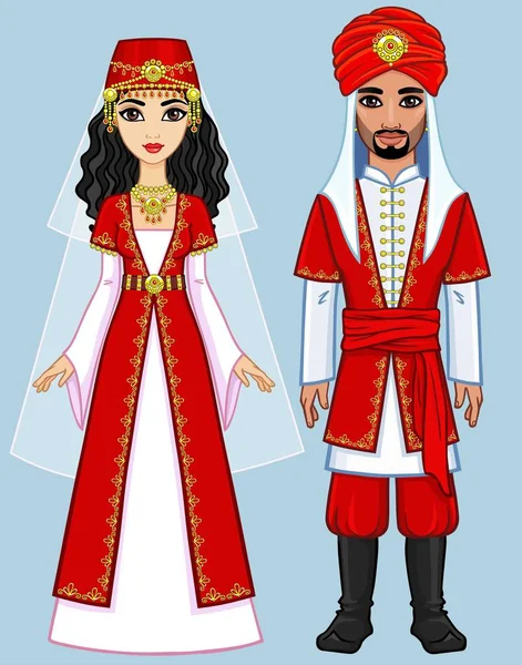 Κινούμενα σχέδια οικογένεια Αραβικά στα αρχαία ρούχα. Πλήρης ανάπτυξη. Εικονογράφηση διάνυσμα απομονώνονται σε μπλε φόντο. — Διανυσματικό Αρχείο