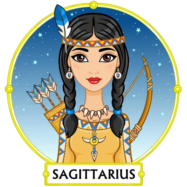 Sternzeichen Sagittarius. fantastische Prinzessin, Animationsportrait. Hintergrund - ein Rahmen, der nächtliche Sternenhimmel. Vektorabbildung isoliert auf weiß. — Stockvektor