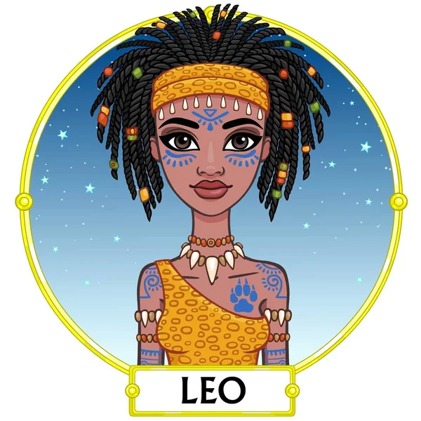 Semnul zodiacal Leo. Fantastică prinţesă, portret de animaţie. Fundal - un cadru, cerul stelelor de noapte. Ilustrație vectorială izolată pe alb . — Vector de stoc