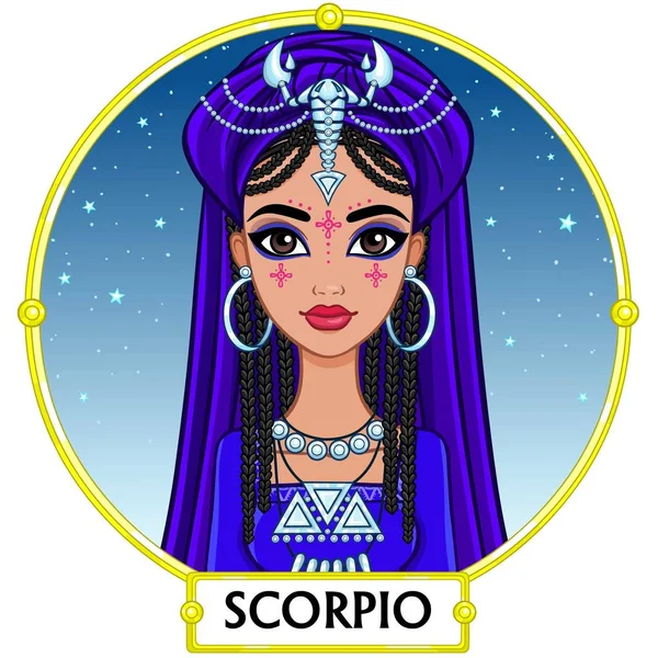 Signo do zodíaco Escorpião. Princesa fantástica, retrato de animação. Fundo - uma armação, o céu de estrela da noite. Ilustração vetorial isolada sobre branco . —  Vetores de Stock