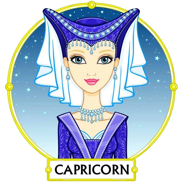 Signo do zodíaco Capricórnio. Princesa fantástica, retrato de animação. Fundo - uma armação, o céu de estrela da noite. Ilustração vetorial isolada sobre branco . — Vetor de Stock