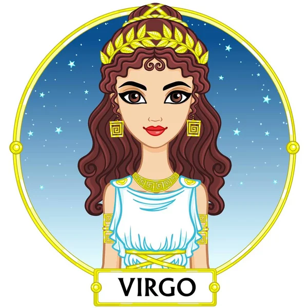 Signo del zodíaco Virgo. Fantástica princesa, retrato de animación. El fondo - el marco, el cielo nocturno estelar. Ilustración vectorial aislada en blanco . — Archivo Imágenes Vectoriales