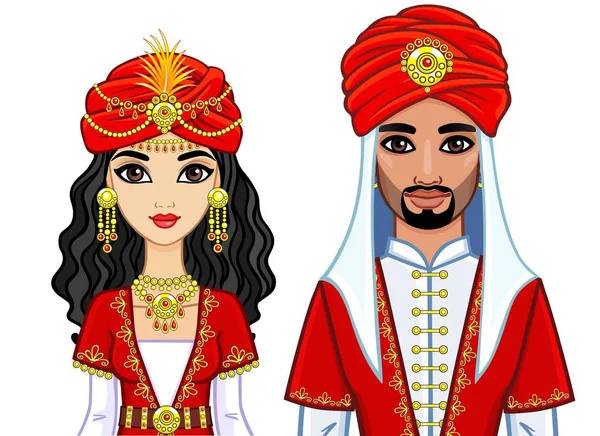 Retrato de una familia árabe de animación en ropas antiguas. Ilustración vectorial aislada sobre fondo blanco . — Vector de stock