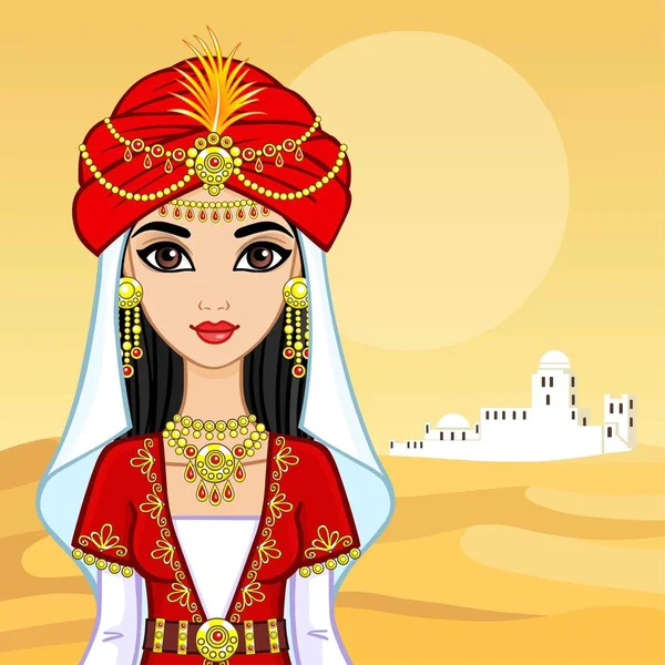 动画肖像的阿拉伯公主穿着古代的衣服。背景-沙漠景观、 白城市。矢量图. — 图库矢量图片