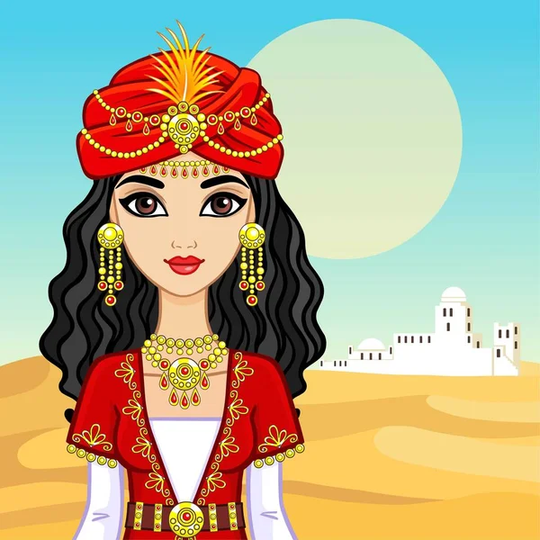 Retrato de animación de la princesa árabe vestida con ropas antiguas. El fondo - el paisaje desértico, la ciudad blanca. Ilustración vectorial . — Vector de stock