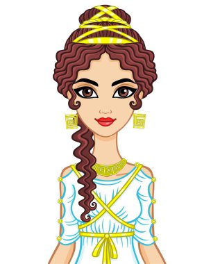 Antik içinde animasyon kadın portresi. Stilizasyon Antik Yunanistan, Antik Roma. Beyaz bir arka plan üzerinde izole vektör çizim. 