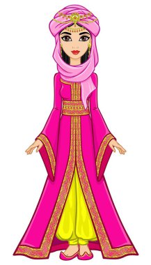 Animasyon Arap Prenses eski takım elbiseli portresi. Tam büyüme. Beyaz bir arka plan üzerinde izole vektör çizim.