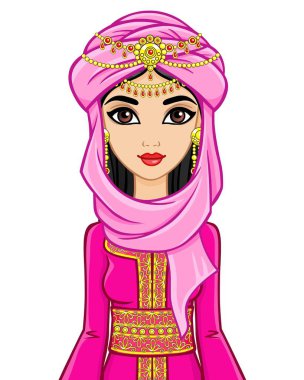 Animasyon eski giysiler içinde Arap kadın portresi. Beyaz bir arka plan üzerinde izole vektör çizim.
