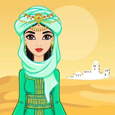 Animation portrait of the Arab woman in ancient clothes.  Background - a desert landscape, a silhouette the white city. Vector illustration. clipart