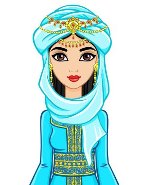 Animasyon eski giysiler içinde Arap kadın portresi. Beyaz bir arka plan üzerinde izole vektör çizim.