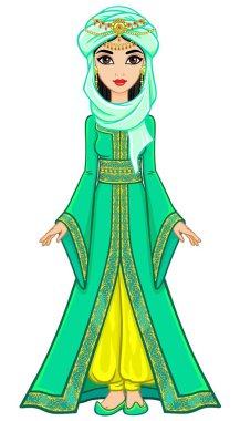 Animasyon Arap Prenses eski takım elbiseli portresi. Tam büyüme. Beyaz bir arka plan üzerinde izole vektör çizim.
