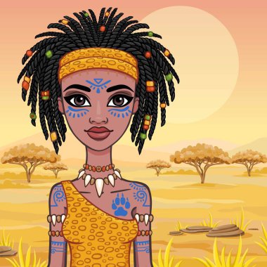 Kız amazon animasyon portresi. Arka plan - Afrika savana bir manzara. Vektör çizim.