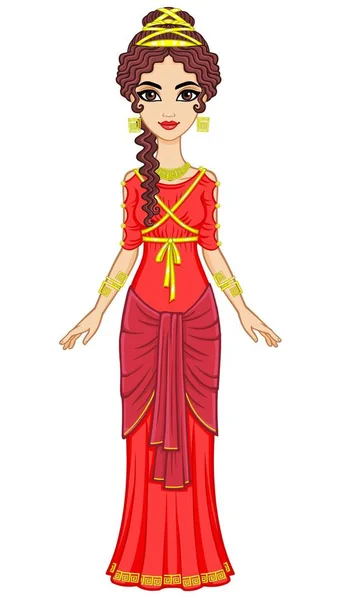 Portret van de vrouw van de animatie in oude Griekse jurk. Volle groei. Vectorillustratie geïsoleerd op een witte achtergrond. — Stockvector