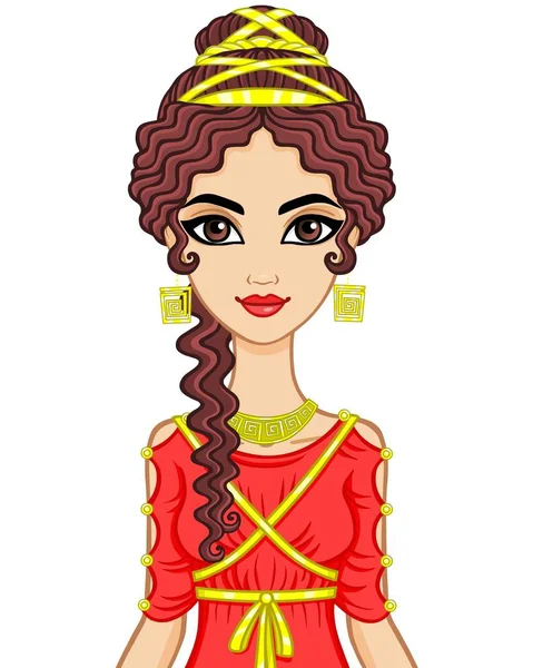 Portret van de vrouw van de animatie in oude jurk. Stilering oude Griekenland, het oude Rome. Vectorillustratie geïsoleerd op een witte achtergrond. — Stockvector