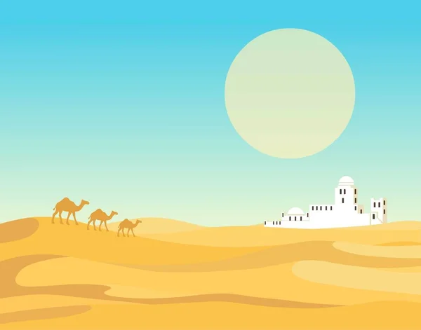 Animationslandschaft der Wüste. Die Kamelkarawane zieht in die weiße Stadt. Vektorillustration, der Ort für den Text. — Stockvektor