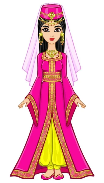 Retrato de la princesa árabe de animación en traje antiguo. Crecimiento total. Ilustración vectorial aislada sobre fondo blanco . — Archivo Imágenes Vectoriales
