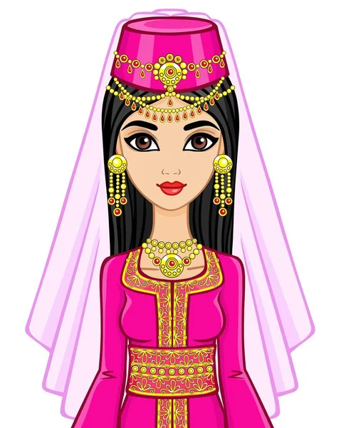 Animation portrait of the Arab woman in ancient clothes. Vector illustration isolated on a white background. — Stock Vector