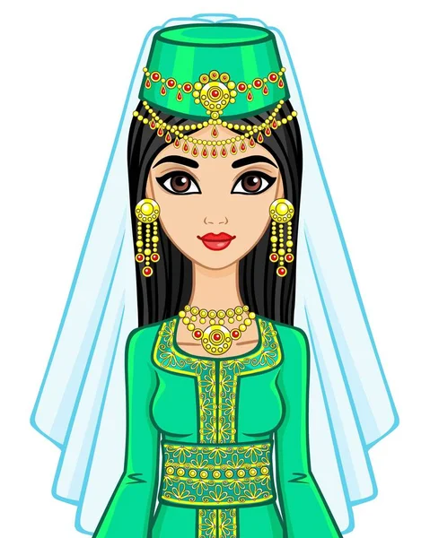 Animace portrét arabské ženy ve starých šatech. Vektorové ilustrace izolované na bílém pozadí. — Stockový vektor
