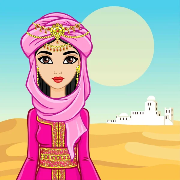 Animation portrait of the Arab woman in ancient clothes.  Background - a desert landscape, a silhouette the white city. Vector illustration. — Stock Vector