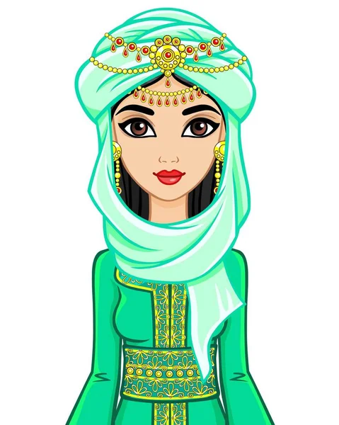 Retrato de animación de la mujer árabe vestida con ropas antiguas. Ilustración vectorial aislada sobre fondo blanco . — Archivo Imágenes Vectoriales