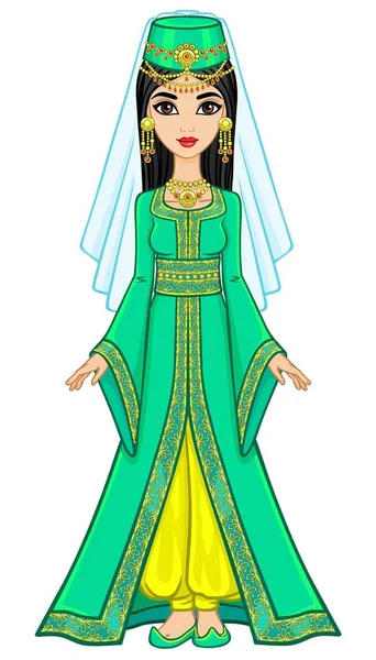 Προσωπογραφία της πριγκίπισσας Αραβικά animation στην αρχαία κοστούμι. Πλήρης ανάπτυξη. Εικονογράφηση διάνυσμα απομονωθεί σε λευκό φόντο. — Διανυσματικό Αρχείο
