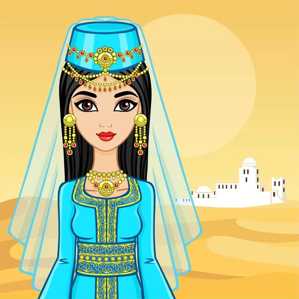 Retrato de animación de la mujer árabe vestida con ropas antiguas. El fondo - el paisaje desértico, la silueta la ciudad blanca. Ilustración vectorial . — Archivo Imágenes Vectoriales