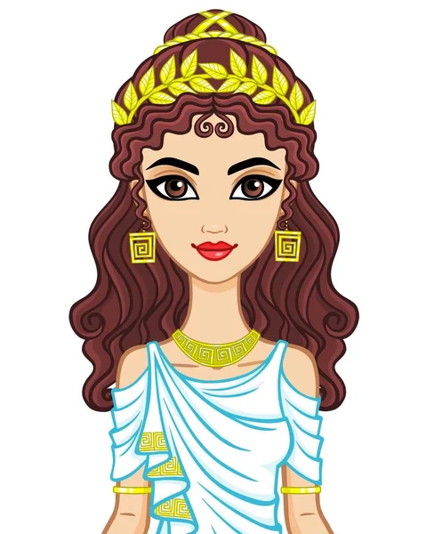 Προσωπογραφία της γυναίκας στην αρχαία ελληνική φόρεμα κινούμενα σχέδια. Εικονογράφηση διάνυσμα απομονωθεί σε λευκό φόντο. — Διανυσματικό Αρχείο
